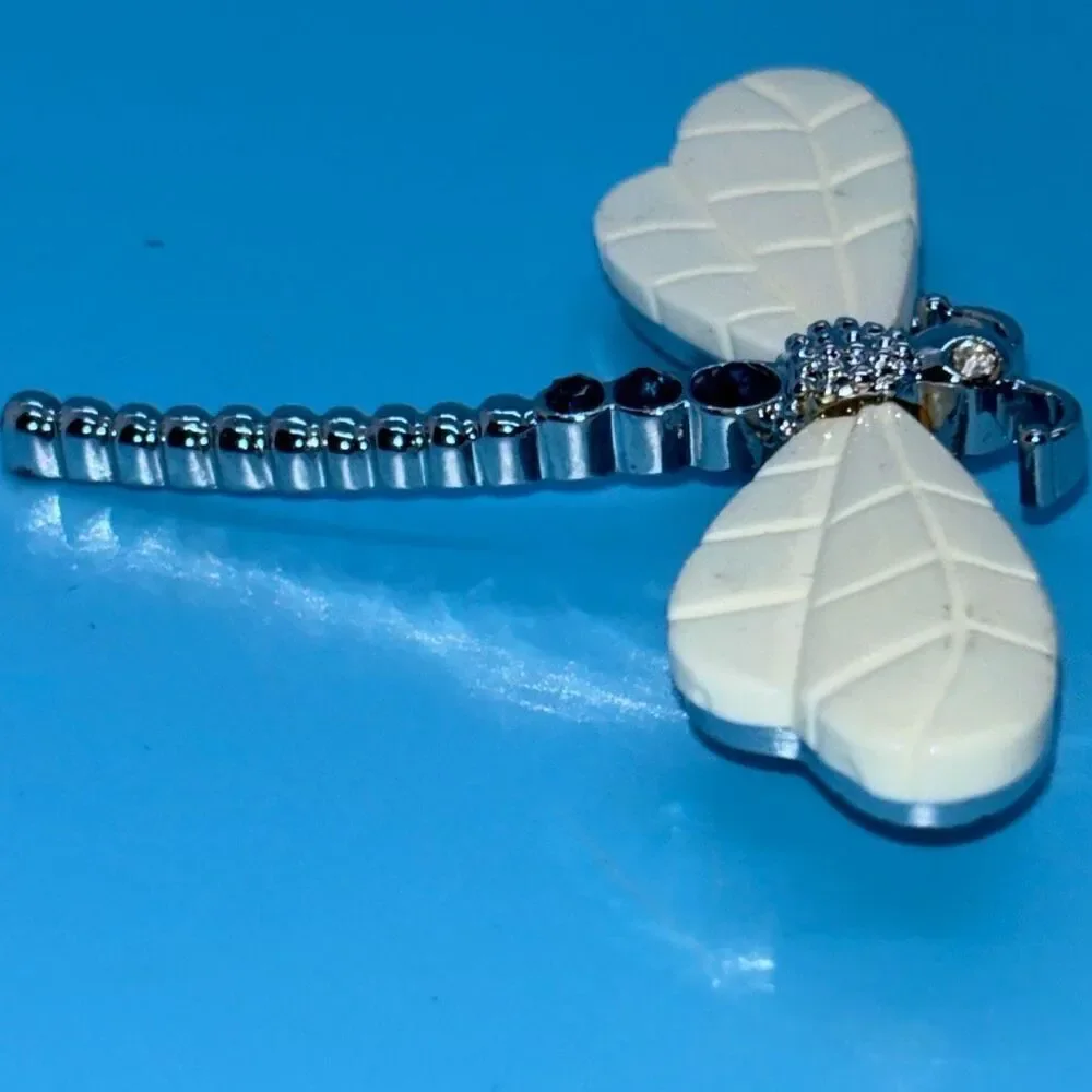 Vtg Joan Rivers Dragonfly pin brooch silver white opal wings crystal body +box